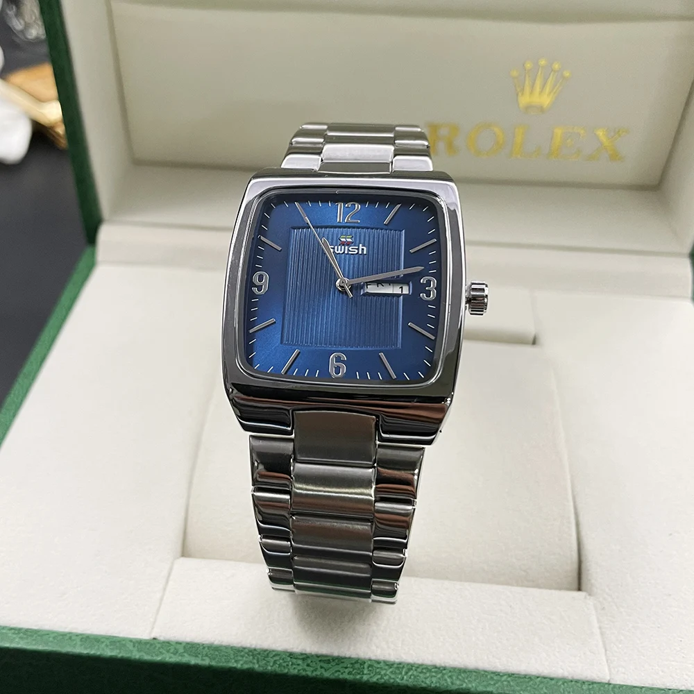 Swish Classic Blue Square Business Quartz Watch For Men Stainless Steel Strap 40mm Weekday Calendar Relogio Masculino