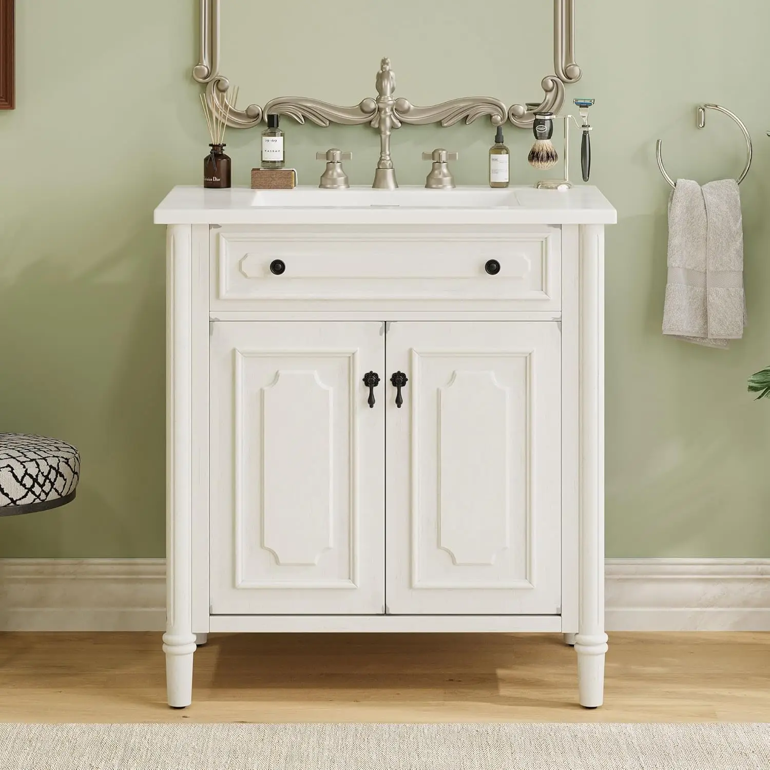

31" Bathroom Vanity with Sink, Distressed Finish, Soft-Close Door and Adjustable Shelves, Ceramic countertop and, Customized