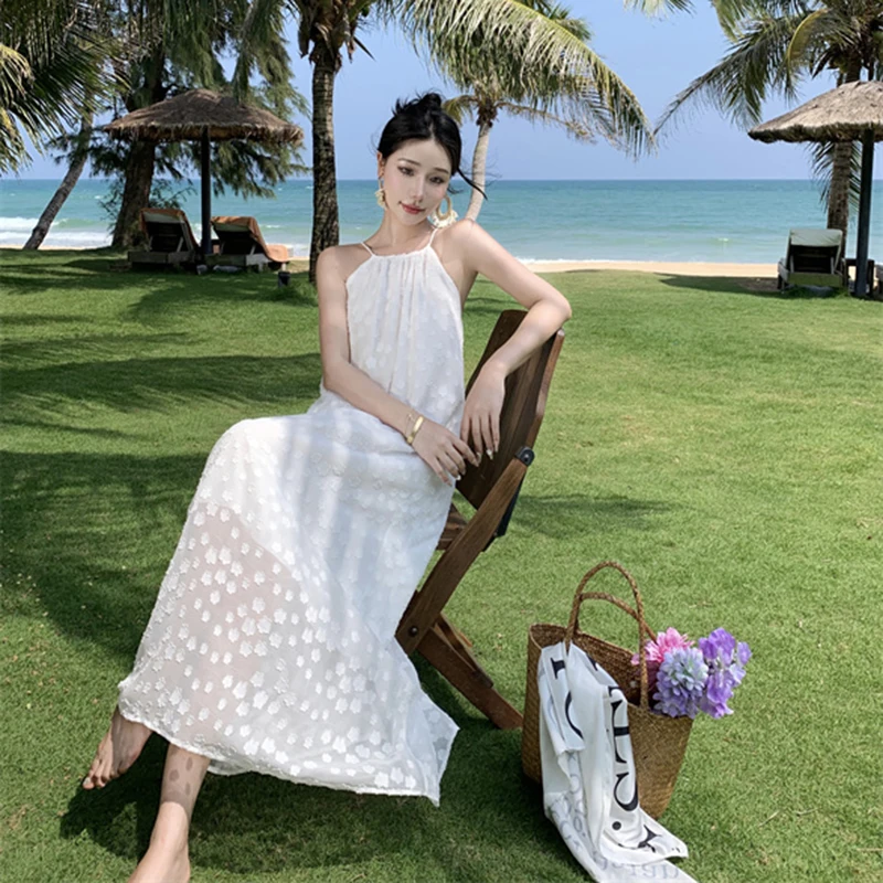 

2023 New Summer Women Simple Backless Beach Robe Loose White Fairycore Vacation Strappy Casual Long Elegant Halter Sundress