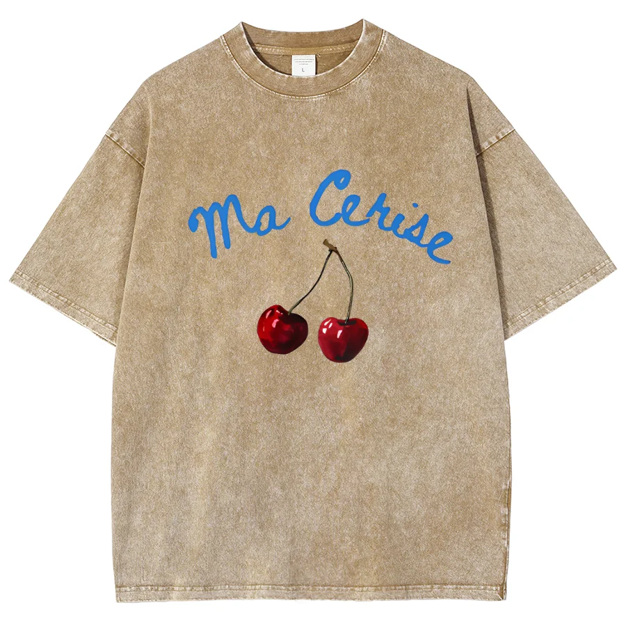 

Cherry Aesthetic T Shirt 2024 Trendy Cherry Shirt Summer Women Cotton Washed T-Shirts Versatile Distressed Short Sleeved Top Tee