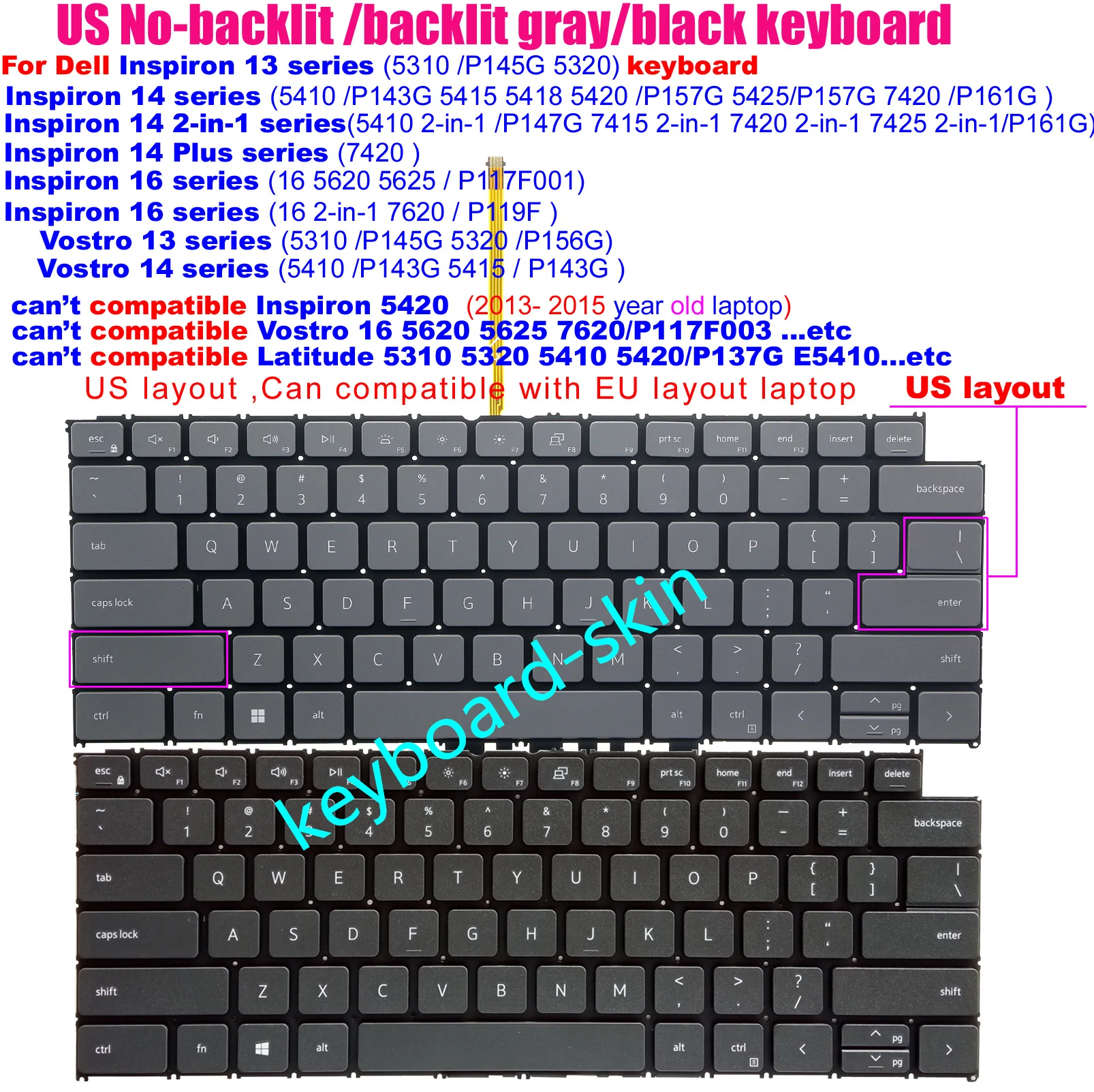 US No-backlit/backlit Keyboard For Dell Inspiron 5310 5320 14 5410 5418 5420 5425 P161G 7415 7420 742516 5620 5625 7620 P119F