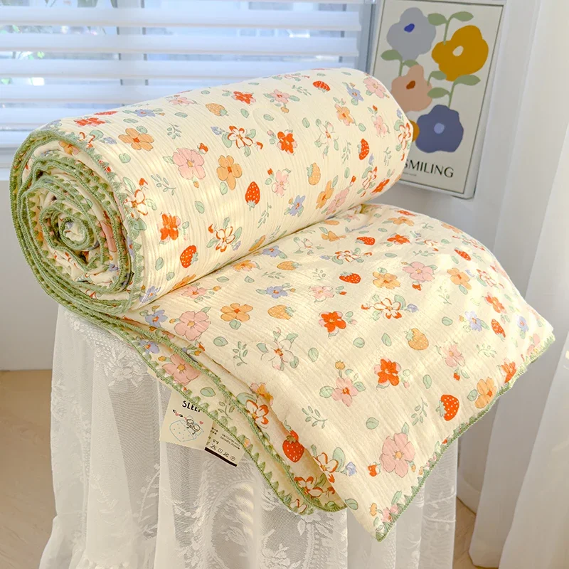 Double Gauze 100% Cotton Blanket for Bed Ultra Soft Breathable Summer Quilt Korean Style Floral Soy Fiber Filled Thin Comforter