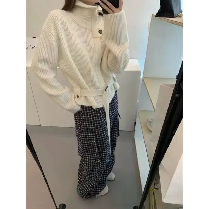 Kimutomo New Autumn Winter Women Stand Collar Waist Cinching Knit Cardigan Slim Fit Elegant Sweater Outerwear