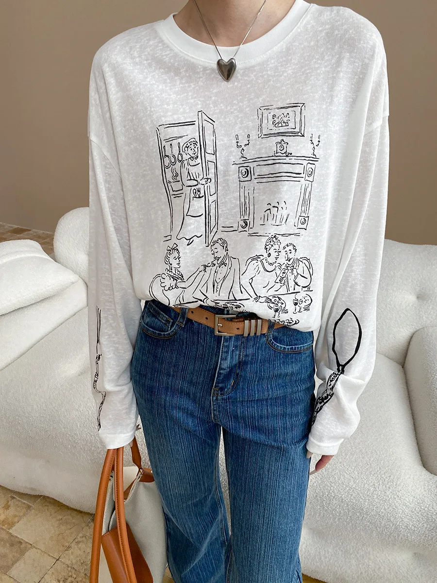 

2025 Spring And Autumn Fashion Fun Cartoon Graffiti Letters Printed T-shirt Round Neck Loose Long Sleeve Pullover T-shirt