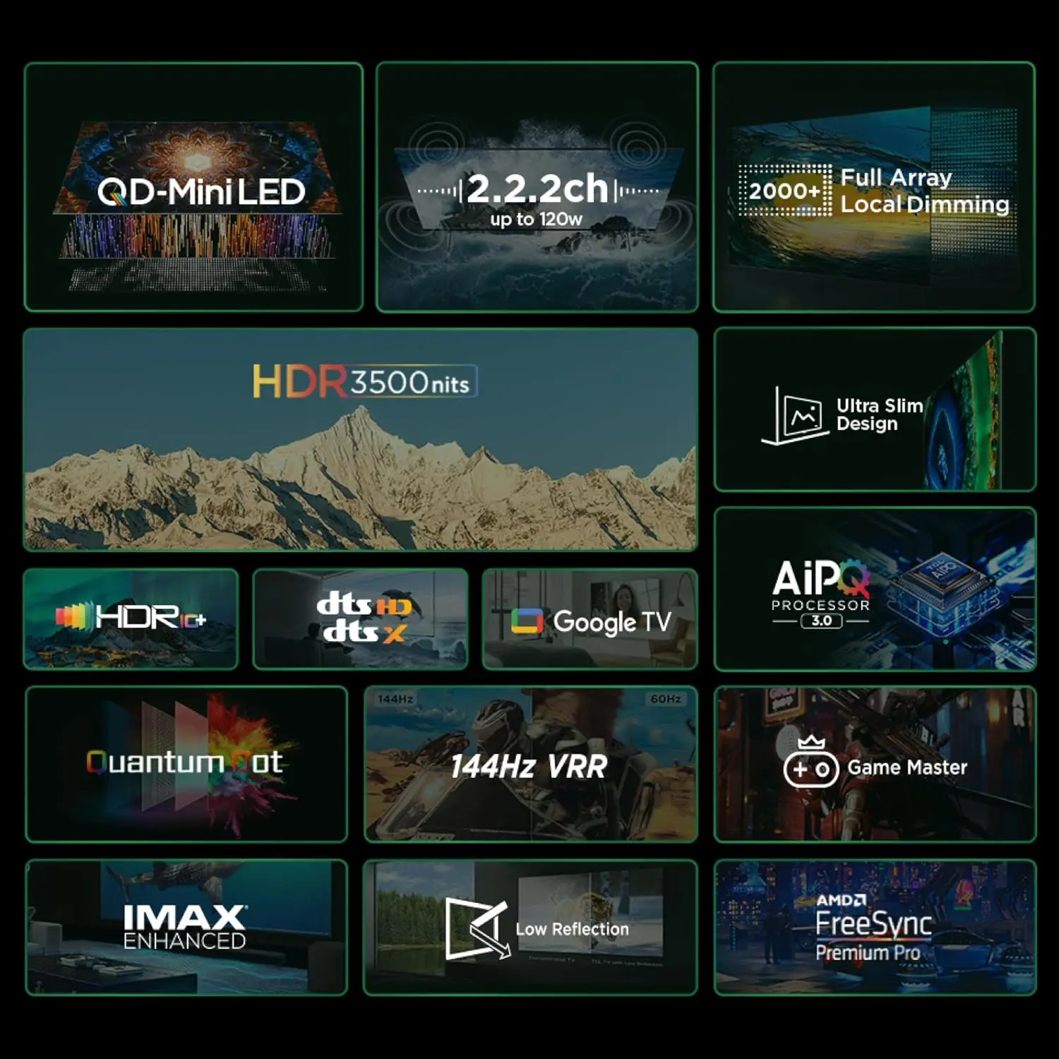 تلفزيون TCL 75 بوصة C855 Mini LED 4K، تلفزيون Google 144 هرتز، Game Master، Dolby Vision IQ & Atmos، HDR10+، AirPlay2، HDMI 2.1