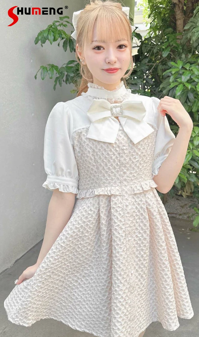 

Japanese Girl Rojita Summer Short Sleeve Bow Dress 2024 Sweet Mine Princess Buckle Drill Buckle Big Bow Short Dresses Ladies