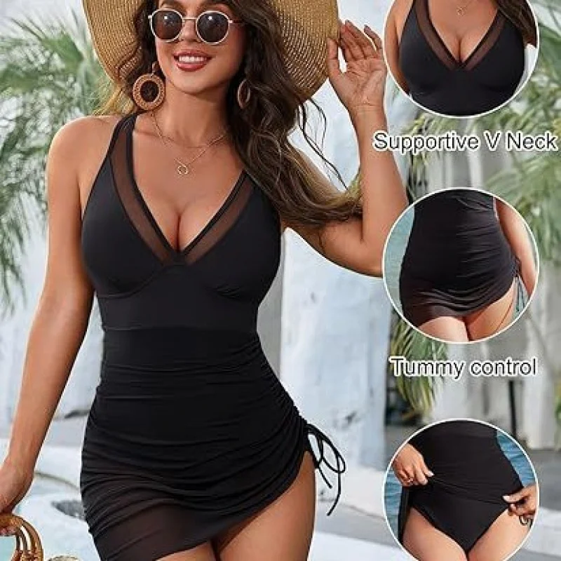 

Sexy deep-neck camisoleVWomen's swimsuit with mesh panels, side drawstrings, removable pads, and a slim-fitting mesh one-piece d