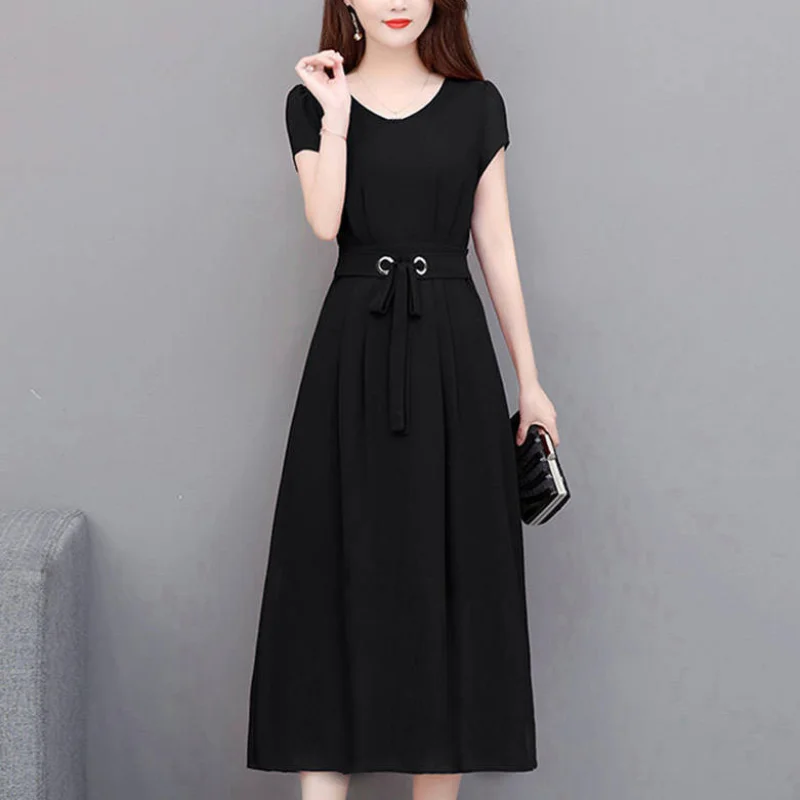 Spring and Summer New Fashion Drawstring Simplicity Solid Color Commuter Versatile Short Sleeve Casual Mid Waist A-line Dress