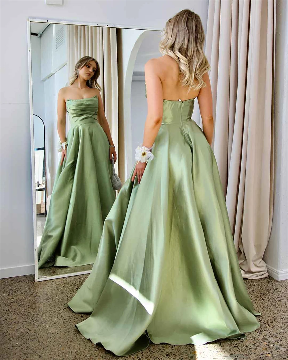 2024 Satin Strapless Pleated Corset Prom Dresses With Split Sleeveless Backless Ball Gowns A-line Long Evening Gowns for Women