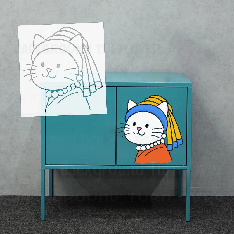 31cm - 51cm Stencil Wall Decor For Painting Plaster Template To Paint Decorative Nursery Cute Cat Girl With A Pearl Earring S592