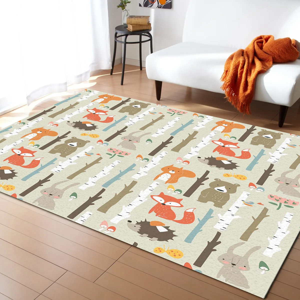 Cartoon Forest Animal Tree Fox Bear Rabbit Child Carpets for Bed Room Modern Home Large Area Rug for Living Room Bay Window Mat