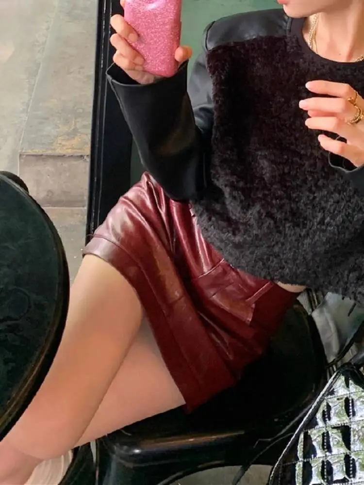 Gonne in pelle PU da donna Autunno Inverno Plus Size Minigonna in pelle PU retrò a vita alta Gonna aderente Y2K sexy dimagrante