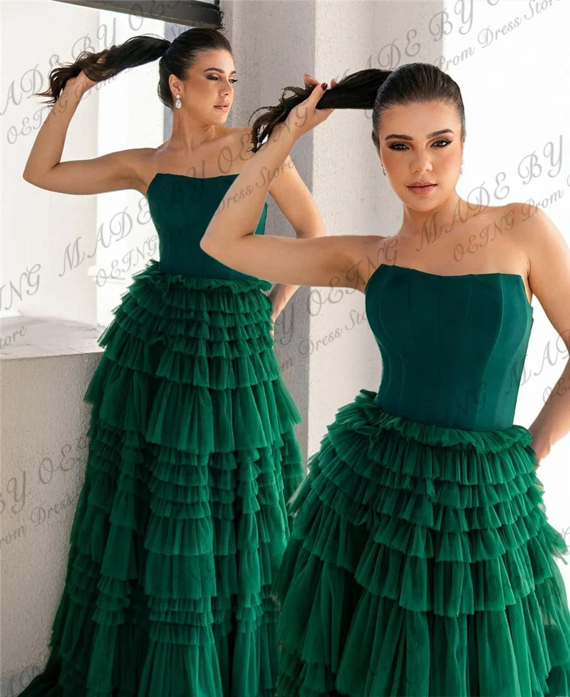 OEING Green Tulle A Line Prom Dresses Elegant Strapless Tulle Tiered Evening Gowns Bride Garden Formal Long Party Dress Gala