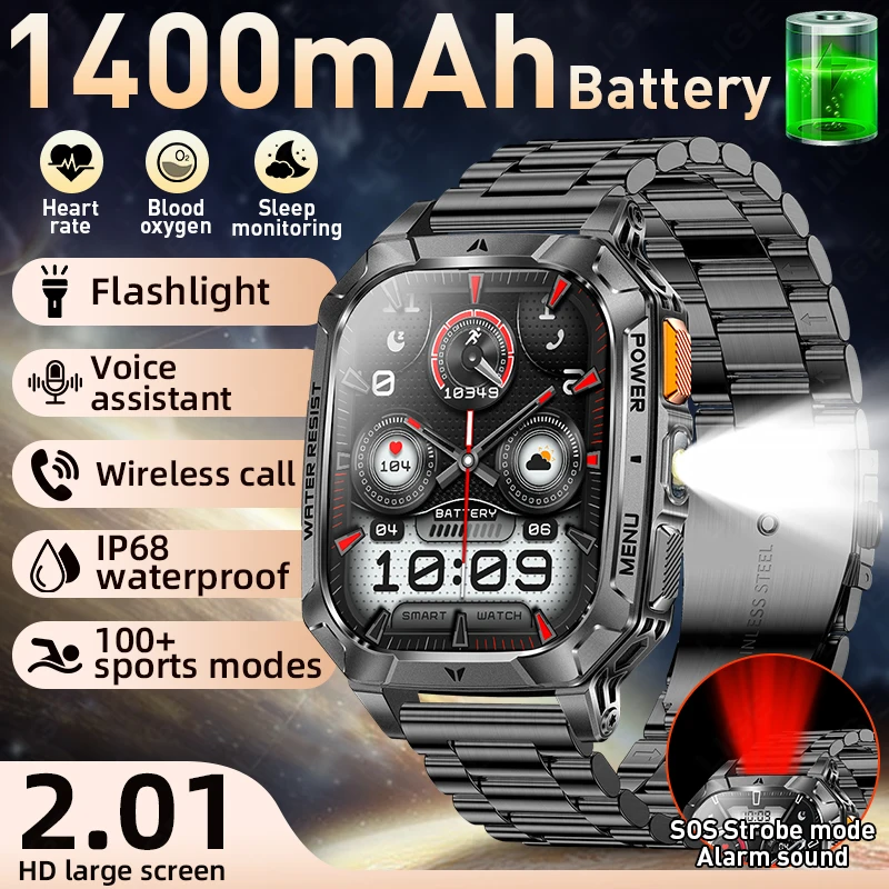

LIGE 2026 Men Smart Watches 2.01' HD Screen 1400mAh Battery Smart Watch IP68 Waterproof Outdoor Military SOS Sports Smartwatch