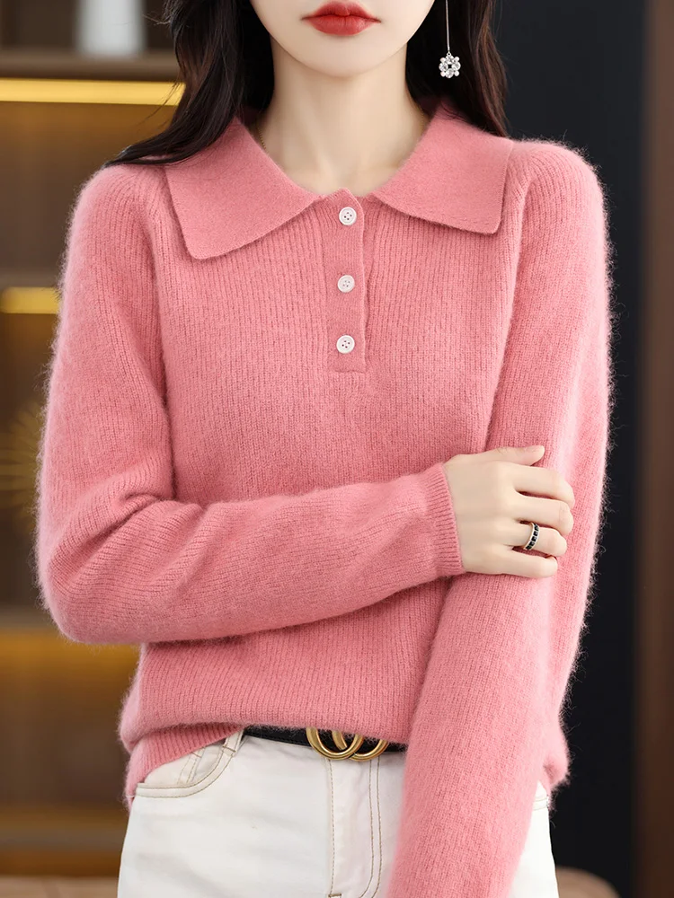 PoLo 100% Pure Mink Cashmere Sweaters Women\' Lapel Knitted Pullover Casual Long Sleeve Large Size Jacket Autumn New Thicken Tops