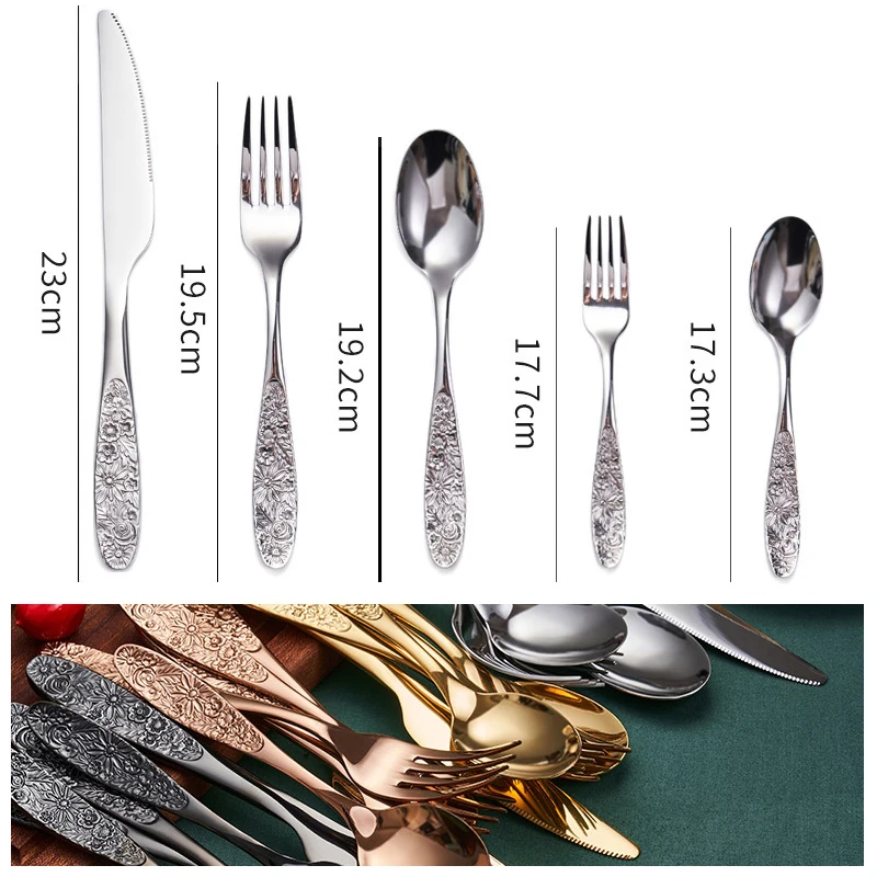 1/3Pieces Gold Cutlery Set Stainless Steel Vintage Western Dinnerware Luxury Tableware Engraving Forks Knive Spoons Sliverware