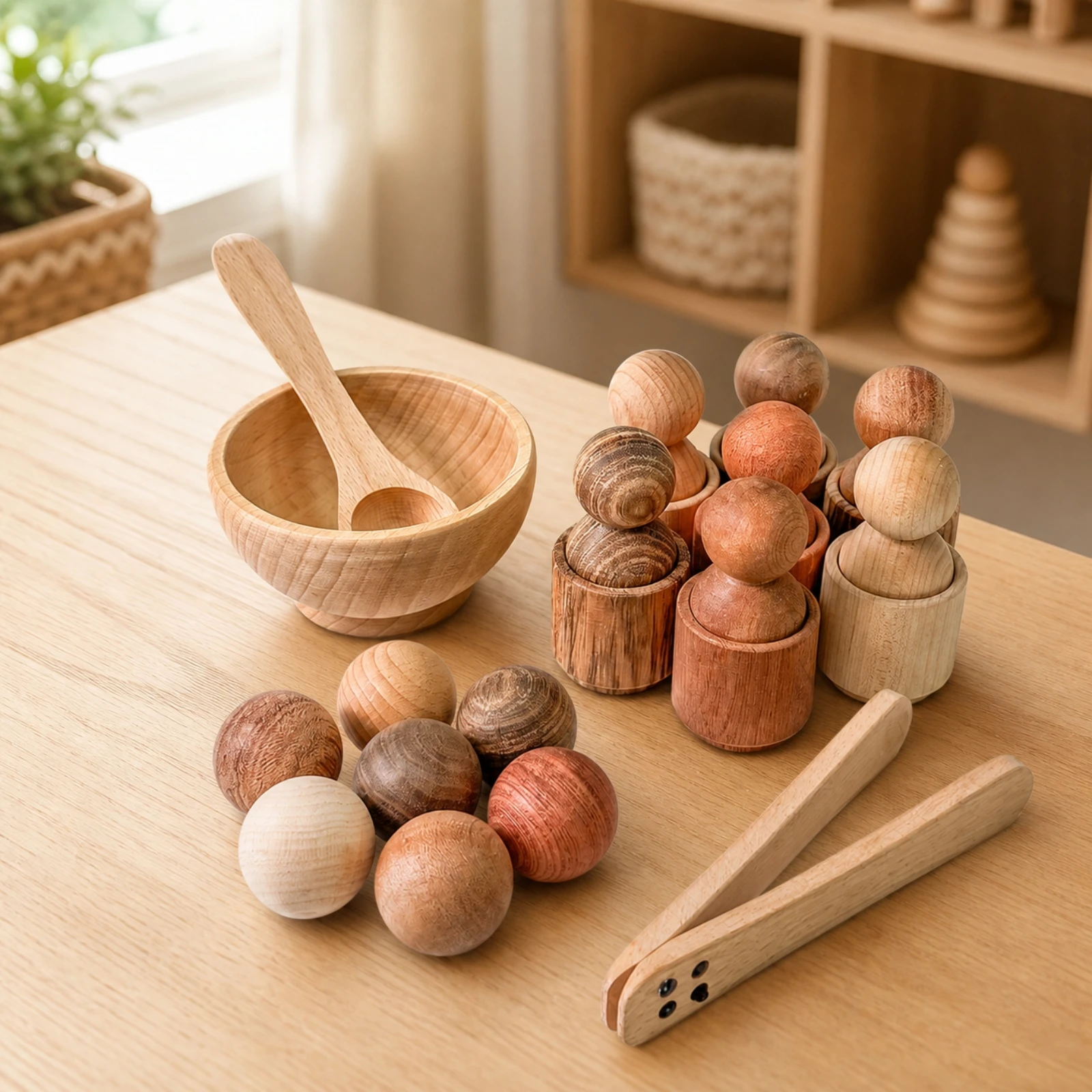 Wooden Ball and Cup Set Fine Motor Skill Wooden Sorting Toy with Bowl and Balls Color Sorting Activity Set Screenunplugged