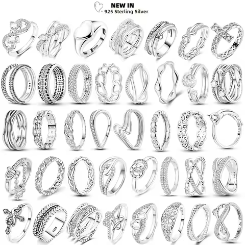 Women's Silver Finger Rings Original 925 Sterling Heart Star Moon Geometric Inlay Zircon Stackable Cocktail Ring Wedding Jewelry