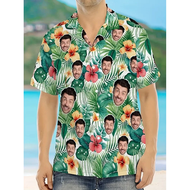 

Customized Face Photo Hawaiian Shirt Funny Humour Personality 3D Print Short Sleeve Button Shirts 2025 Outdoor Beach Leisure