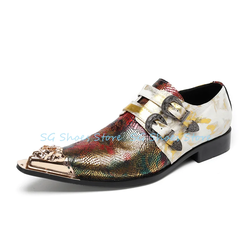 

Male Metal Pointed Toe Chunky Heel Shallow Loafers Fashion Mixed Color Belt Buckle Leather Shoes Wedding Business Shoes for Men