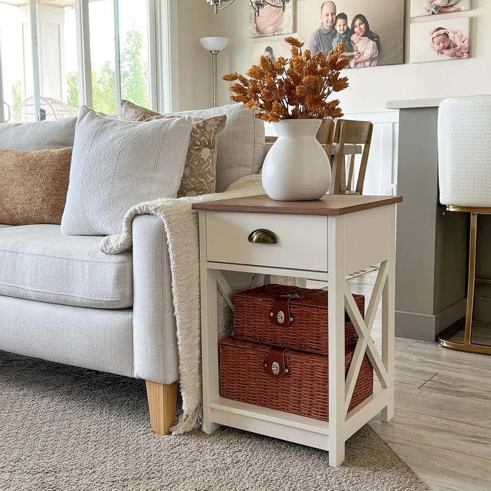 طقم غرفة معيشة بطاولة نهائية مكون من قطعتين - طاولات ليلية لغرفة النوم في المزرعة وطاولة صغيرة بجانب السرير وطاولة جانبية باللون الأبيض العاجي