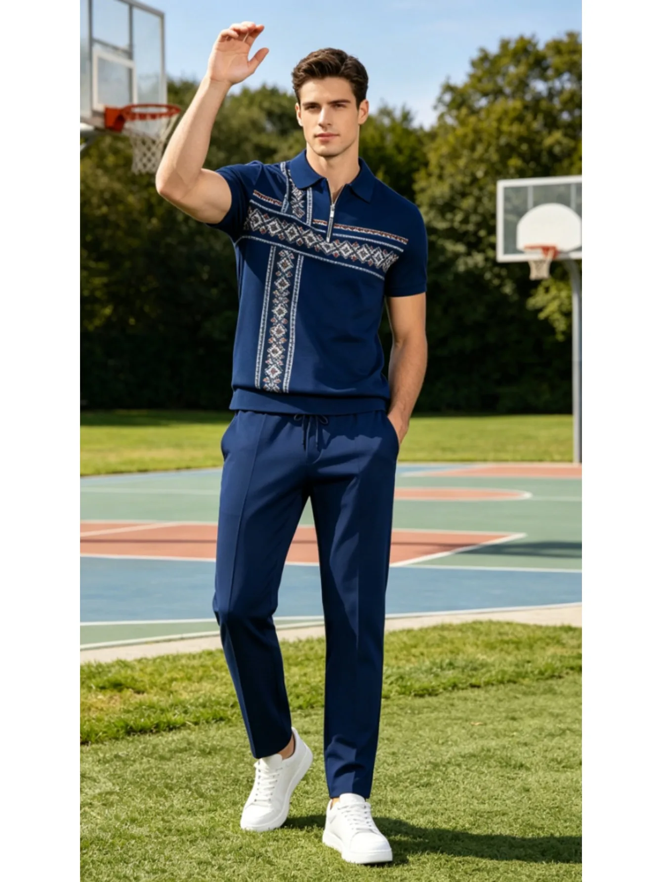 Only one top, pants not included-Men's half zip polo shirt,retro ethnic geometric print,outdoor casual vacation short sleeve
