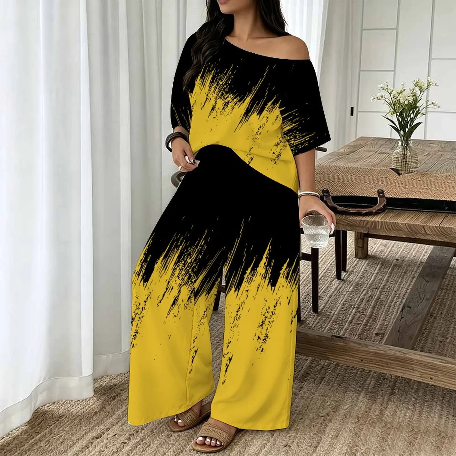 Plus Size Women Spring/summer Fashion Print Two Piece Off-shoulder  Round Neck T-shirt Casual Vacation Long Pants