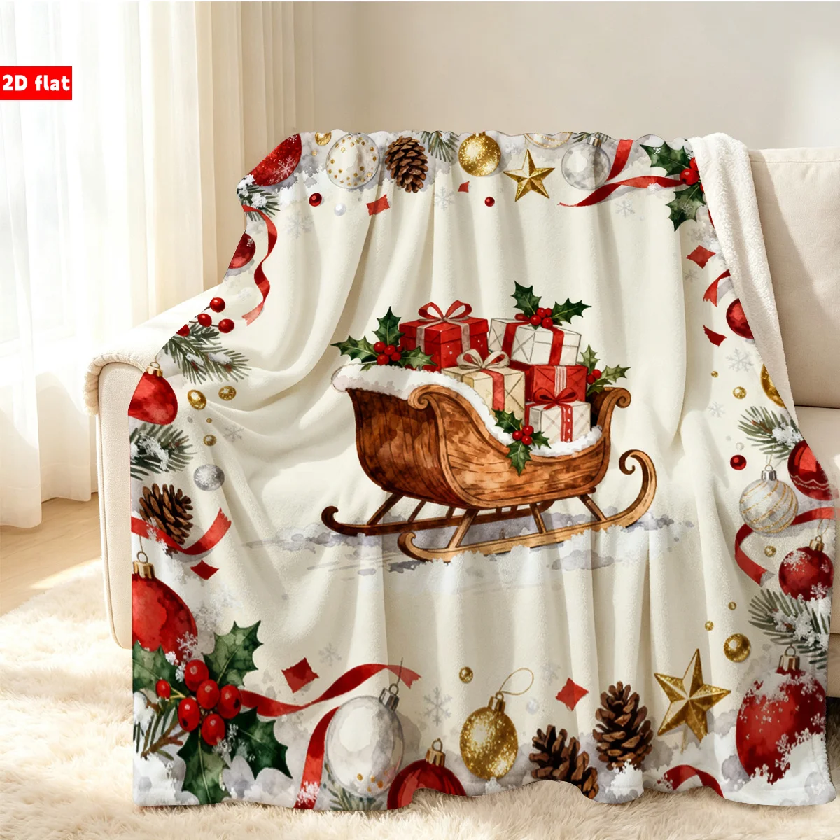 1pc 2D Flat Christmas Sleigh Printed Flannel Throw Blanket, Soft and Cozy, Anti-Pilling, Warm Fabric, Multiple Sizes for Sofa, B