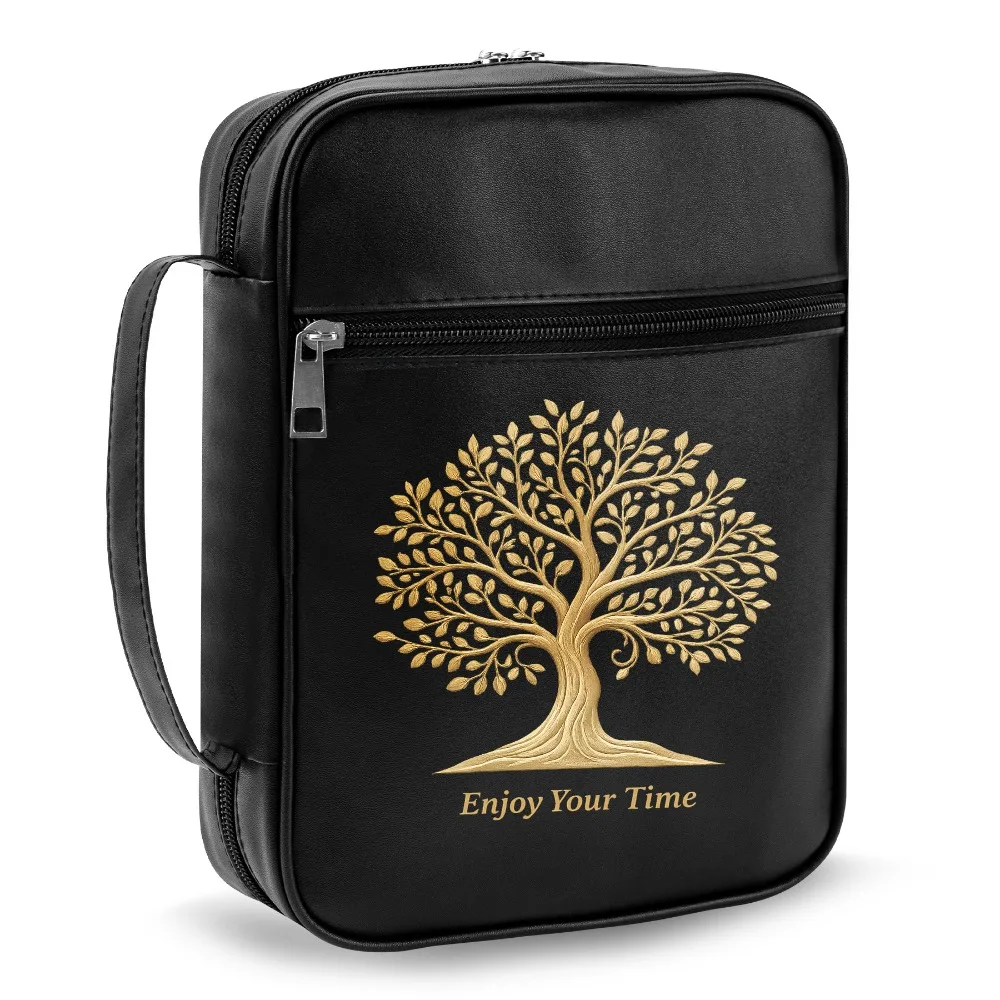 Bible Cover with Handle, Gold Tree of Life Print Zipper Bible Case with Front Pocket, Book Protector, Christian Gift