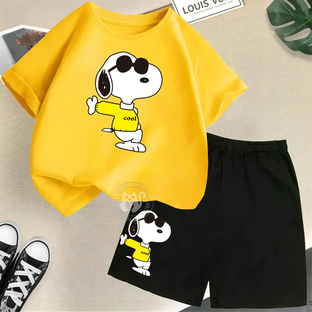 Children\'s Summer 100% Cotton T-shirt Cute Snoopy Print Youth Round Neck Short Sleeve+Shorts Boys and Girls Fashion Set