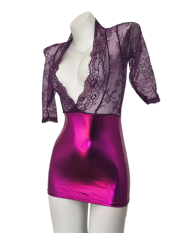 2024 Fashion Sexy Low Collar Purple Lace Splicing Sheer Mid Sleeve Dress Women Cinching Waist Slim Wrap Hip Short Dress QUD7