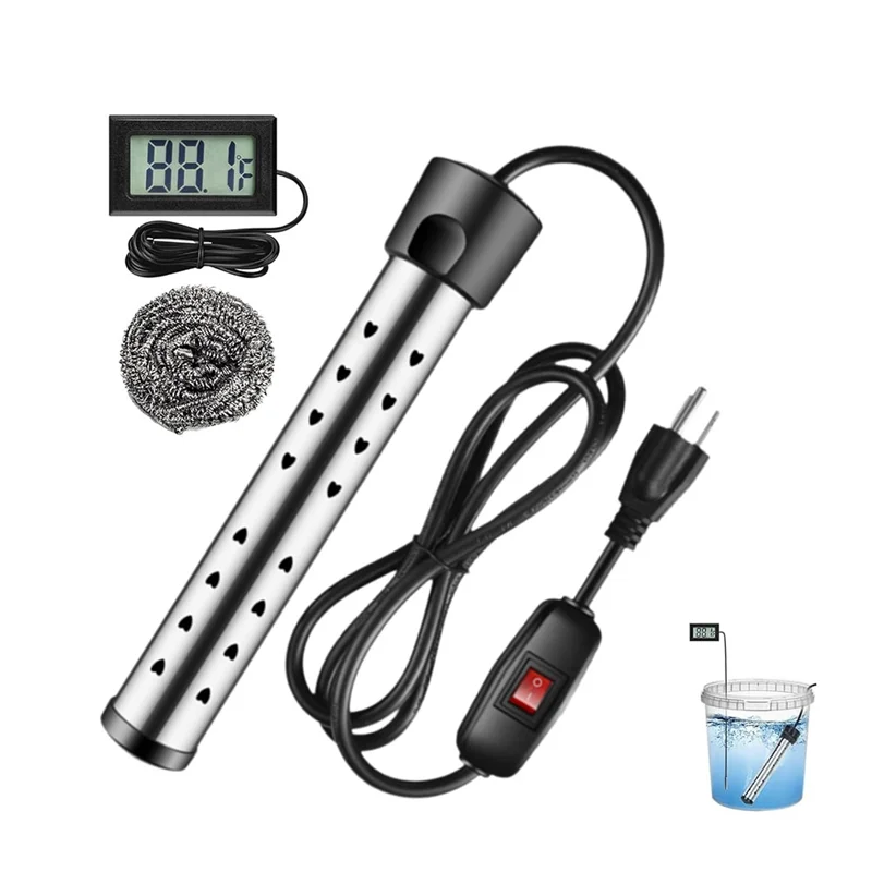 Calentador de agua de inmersión de calentamiento rápido A39M 1500W eléctrico, acero inoxidable, calentador de cubo, portátil, enchufe estadounidense