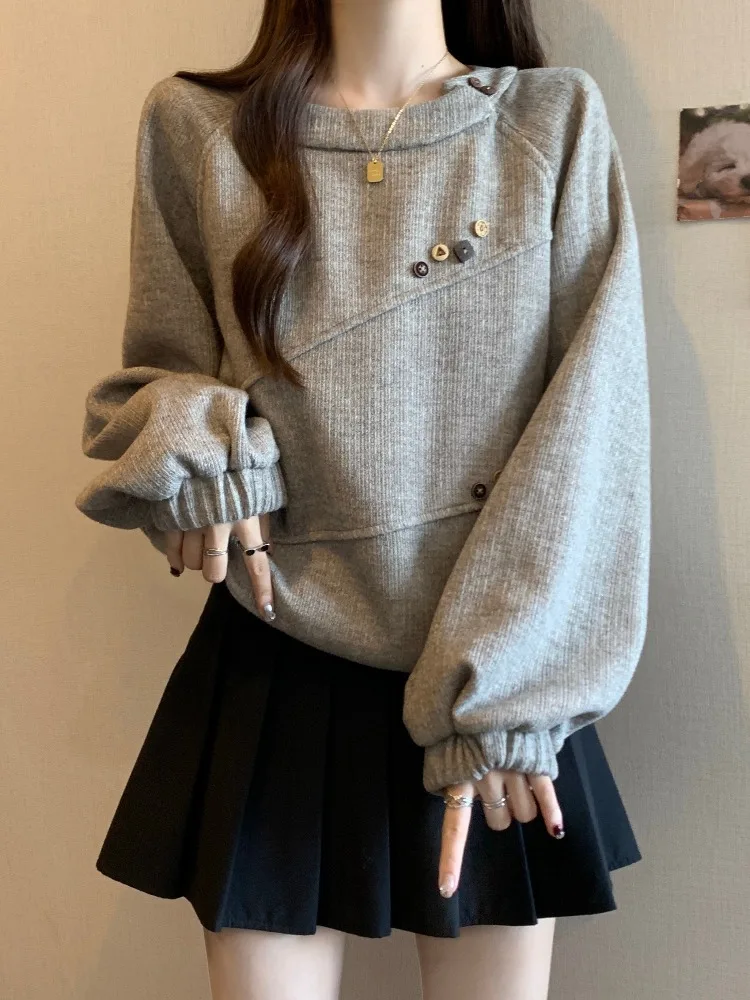 

Свободный свитшот с длинными рукавами для женщин, модный осенне-зимний, корейский стиль, повседневная одежда, удобный, больших размеров, топ