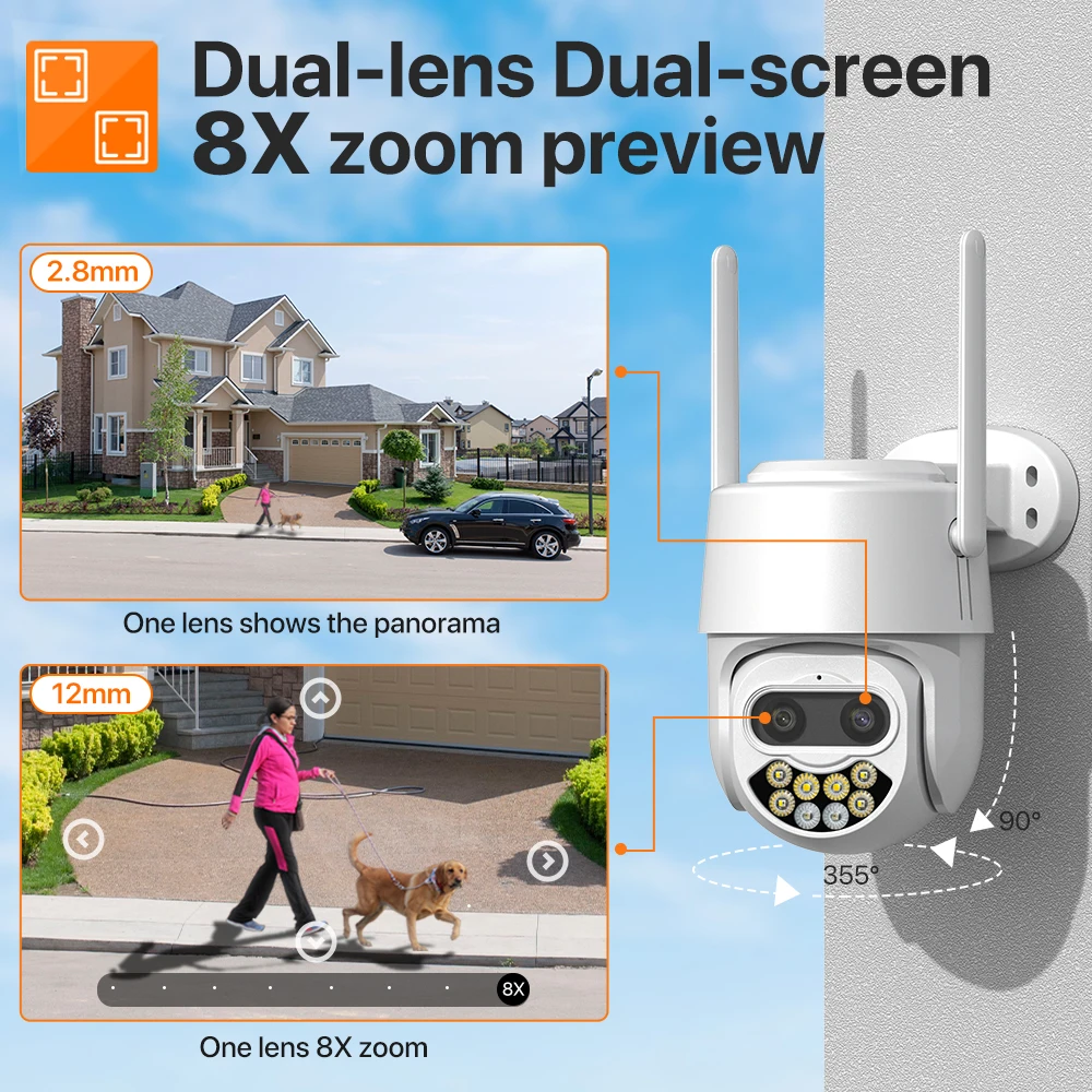 4K 8MP Dual Lens Wifi IP Camera 8X Zoom Outdoor PTZ Camera Auto Tracking 1080P 4MP CCTV Surveillance Support Alexa XMEye iCsee