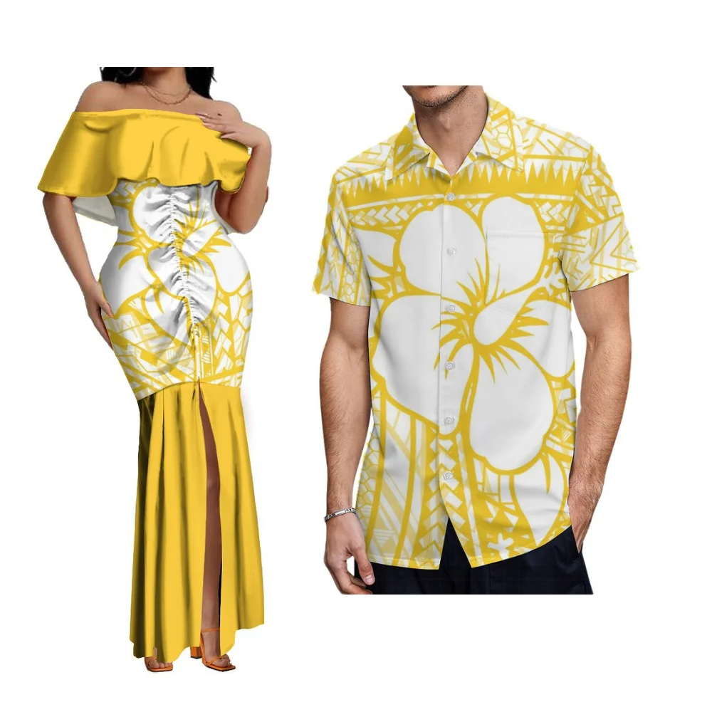 Yellow Floral Couple Set Women Off-The-Shoulder Slim-Fit Floor-Length Fishtail Dress Polynesian Island Samoan Men'S Aloha Shirt