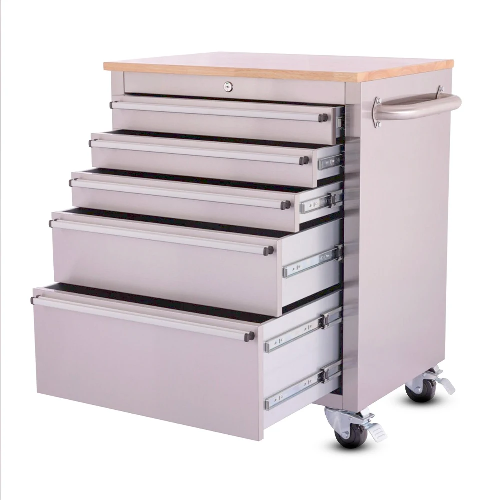 Mobile 5-Drawer Mechanic Tool Cabinet Trolley With Wheels And Wooden Top For Tool Storage