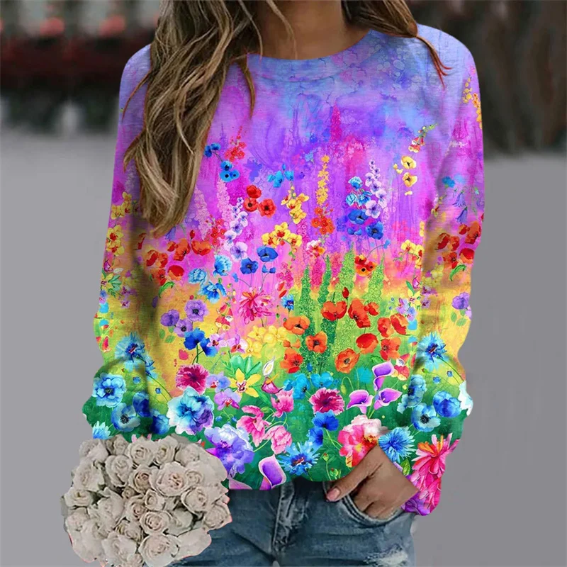 Harajuku New 3D Printing Floral Sweatshirts For Women Fashion Streetwear Pullovers Girls Funny Flowers Graphic Clothing Pullover