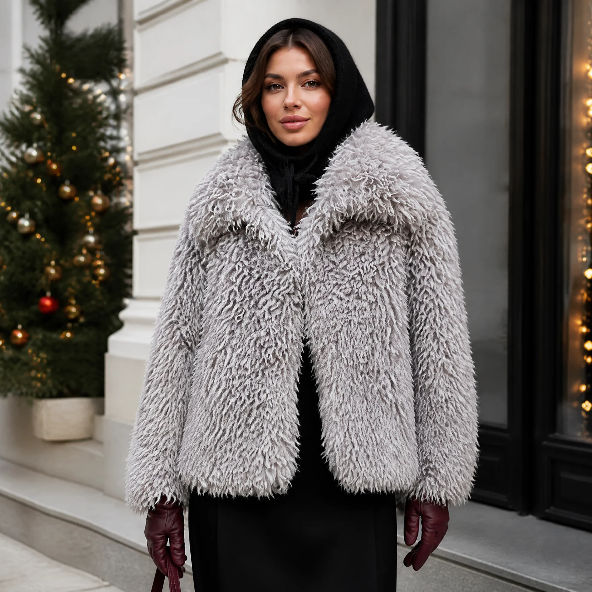 RU Women Wide Lapel Shaggy Curly Faux Fur Jacket Open Front Loose Long Sleeve Warm Cropped Winter Streetwear Outer Coat
