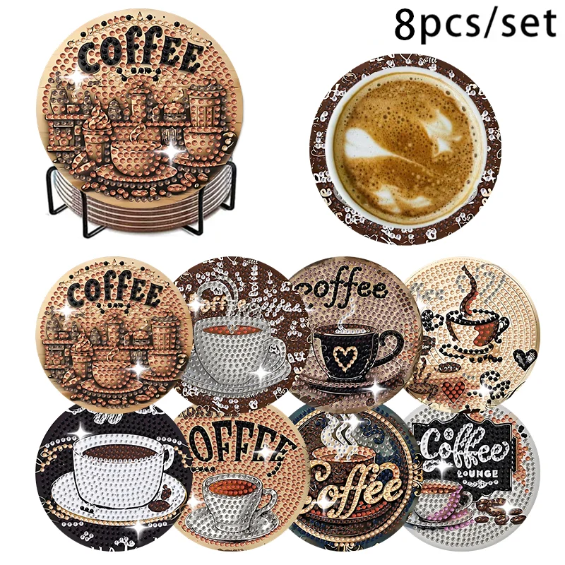 Flash Diamond Special Offer, A Set of 8pcs Coffee Enthusiast Themed DIY Diamond Painting Coaster Set, Full Diamond Round Diamond