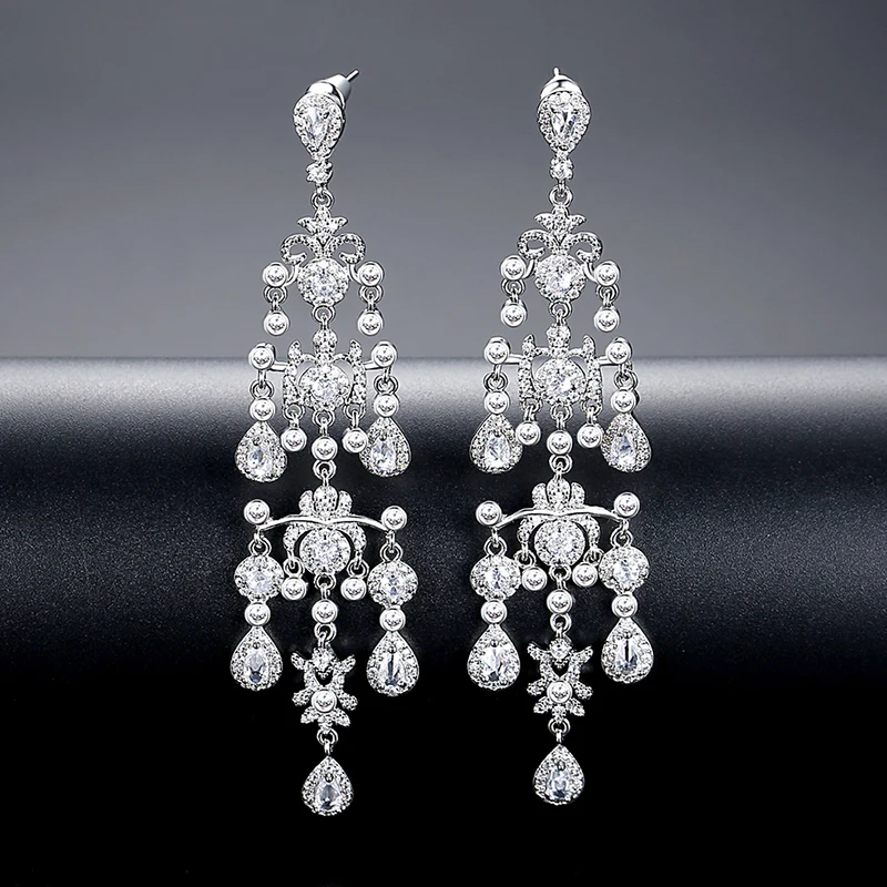 LUOTEEMI Luxury Cubic Zirconia Chandelier Earrings for Women Crystal Long Tassel Wedding Bridal Dangle Engagement Accessories