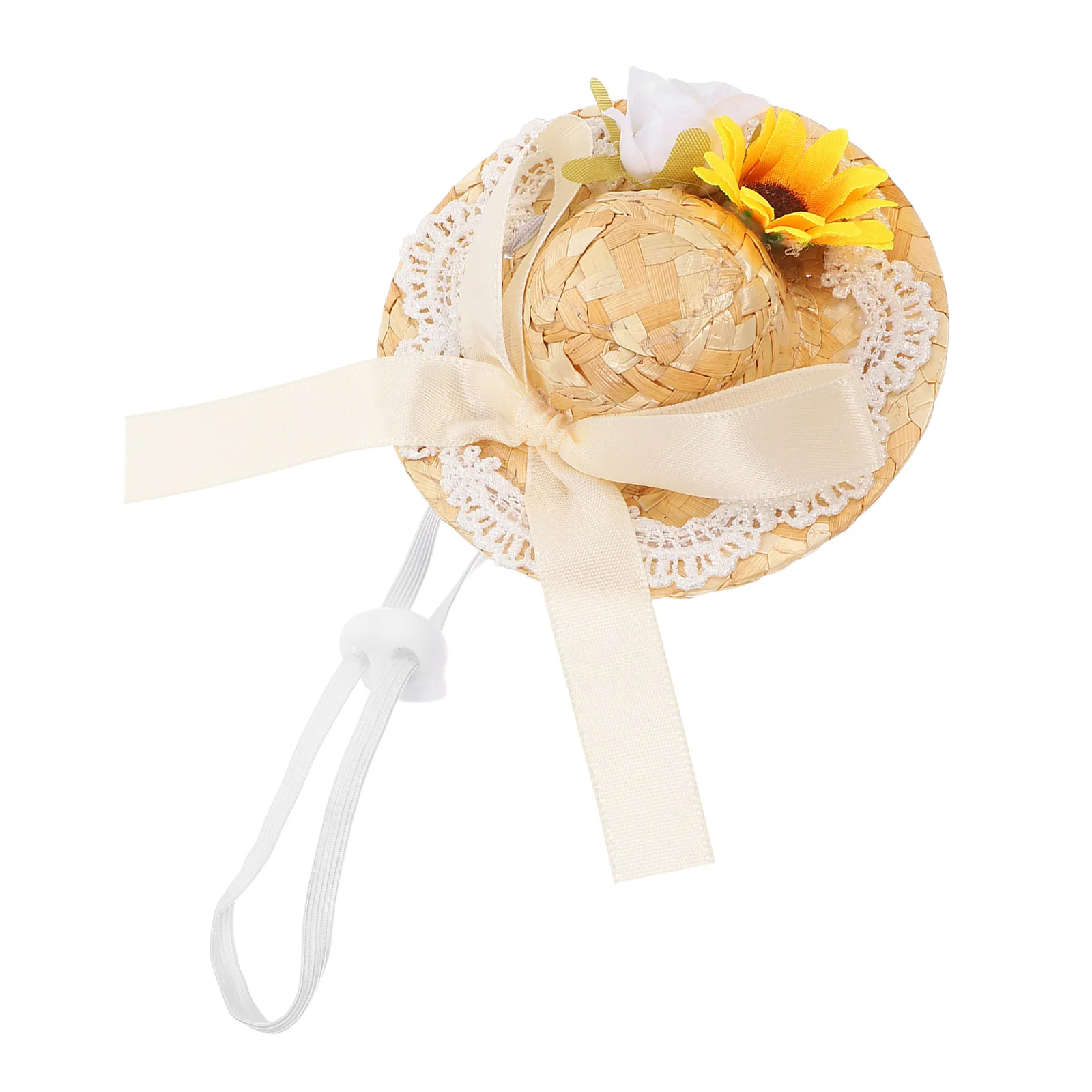 Miniature Woven Sun Hat for Summer Dress Up Accessory with Bow Faux Flower Elegant Fashionable Stylish Snug Fit Rattan