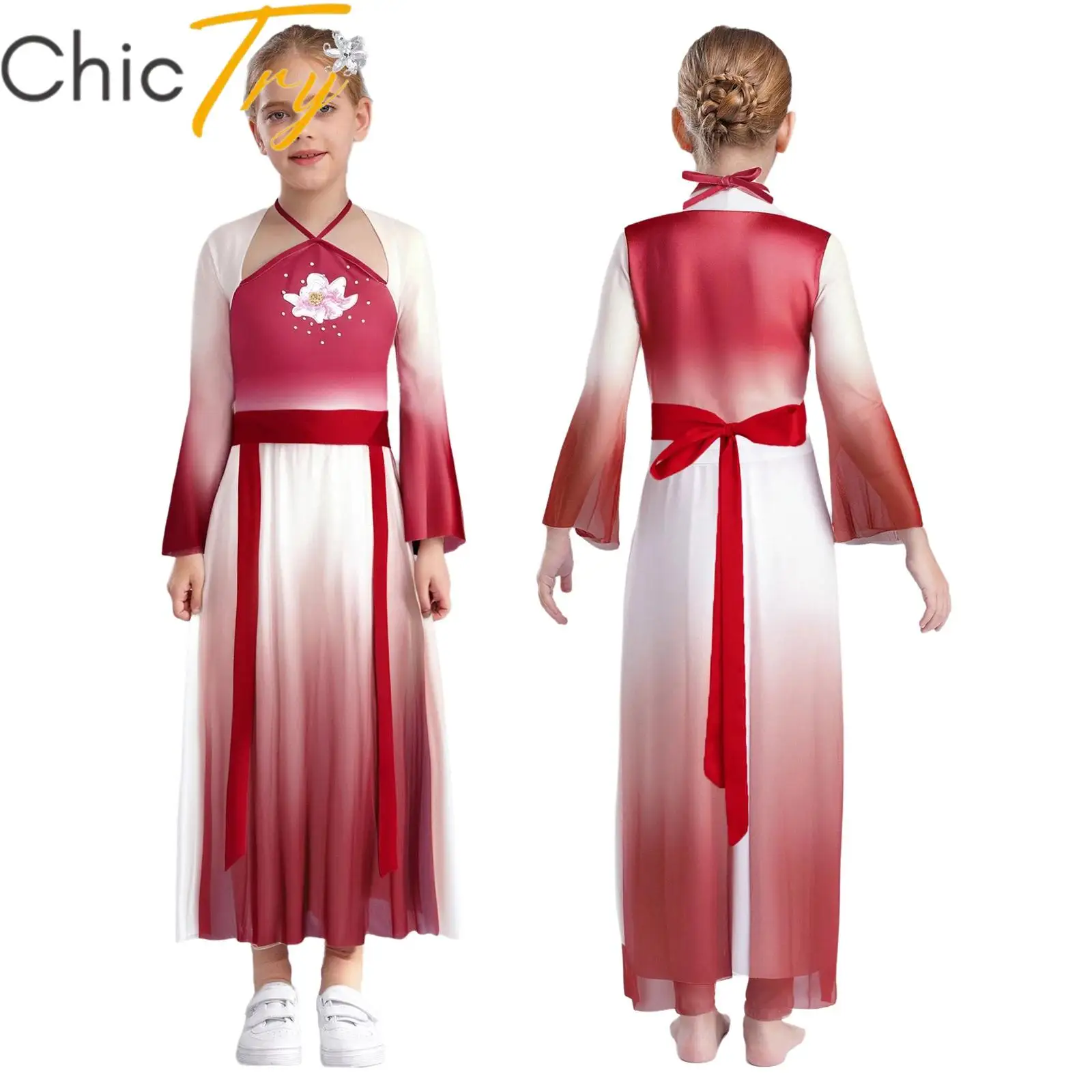 

Kids Girls Classical Dance Sets Lyrical Dancewear Flared Sleeve Split Sheer Mesh Dress with Pants Belt and Headwear Suit Outfits