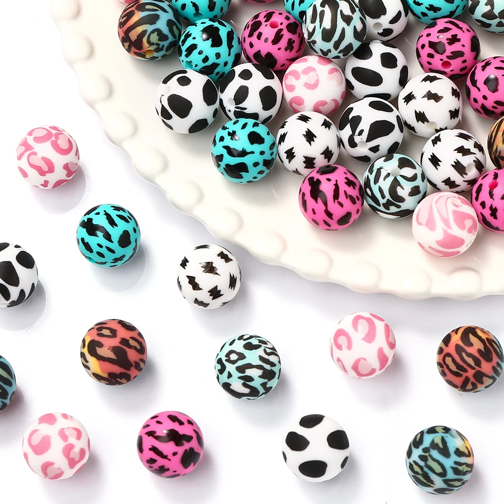 10Pcs Silicone Beads 15mm Colored Round Leopard Print Focal Beads DIY Necklace Bracelet Keychain For Jewelry Making Handmade