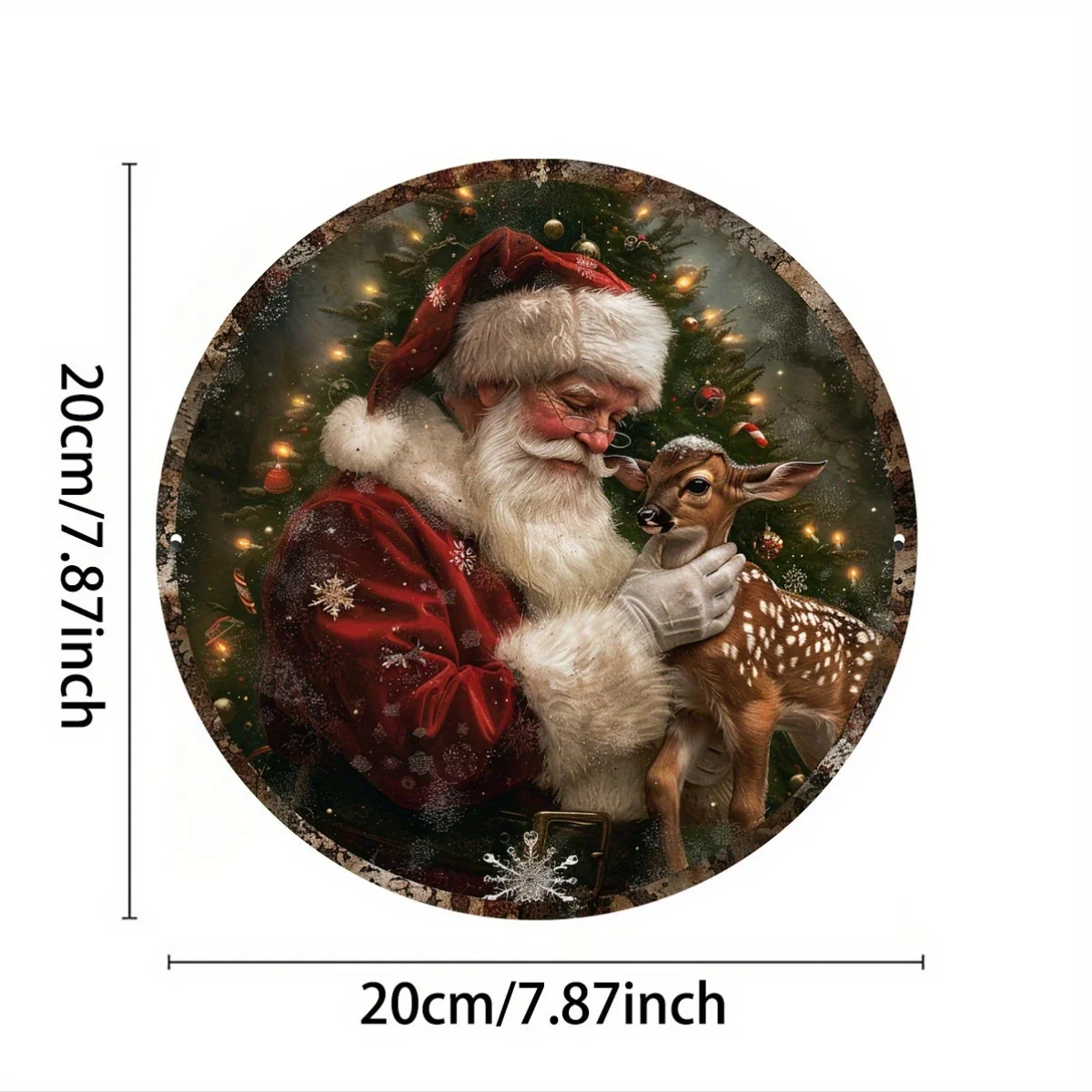 A Warm Embrace Between Santa Claus And a Reindeer on a Round Vintage Metal Aluminum Sign, The Perfect Choice for Christmas Decor