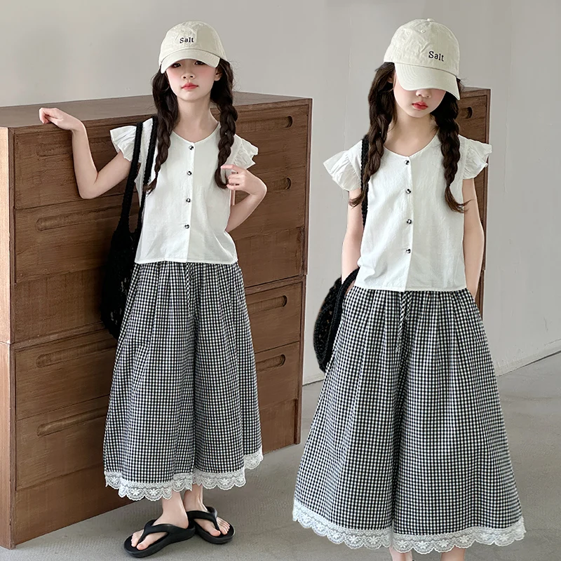 

Children's Flutter Sleeve Doll Blouse Short-Sleeve Top + Plaid Cropped Pants Two-Piece Set Girls Clothing Sets