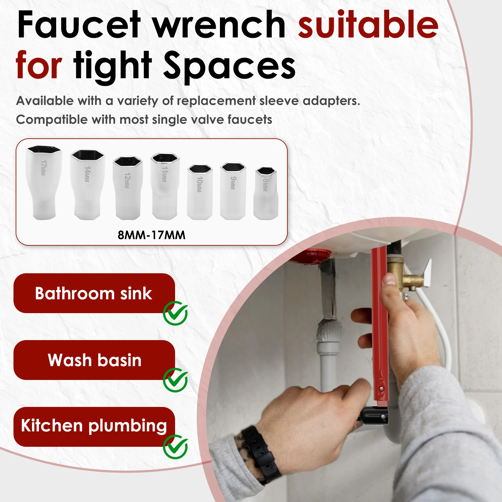 8-17mm Spülbecken-Wasserhahn-Schlüssel, Küchen- und Badezimmer-Armaturen-Montagewerkzeug, Kohlenstoffstahl-Wasserhahn-Schlüssel, Multifunktions-Wasserleitungs-Reparaturwerkzeug – Detail 4