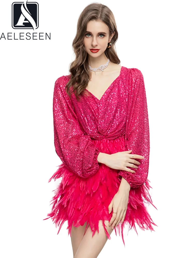 

AELESEEN Runway Fashion Women Dress Summer Long Lantern Sleeve V-Neck Sequined Feathers Rose Red Black Mini Party Holiday