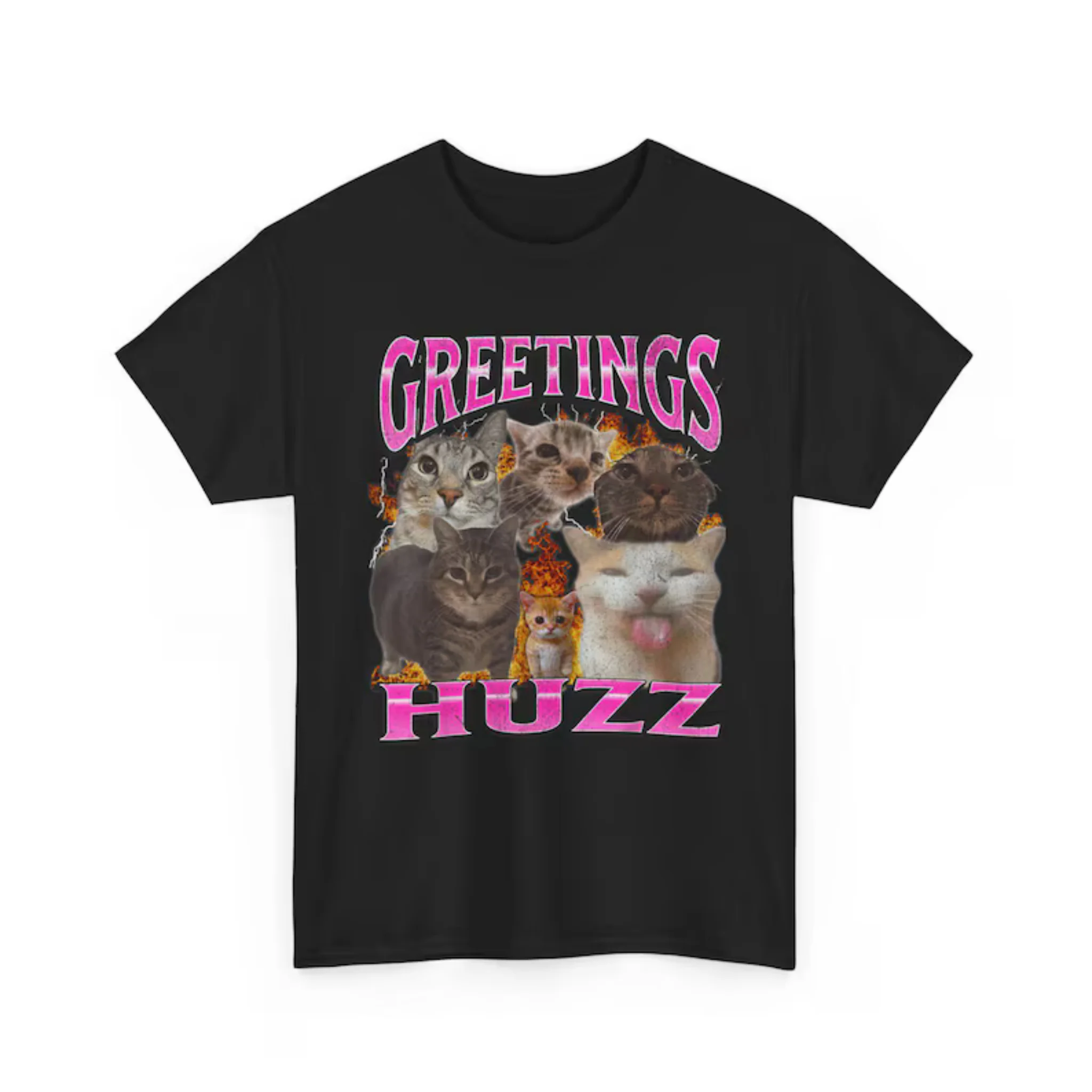Women Short Sleeve T Shirt Greetings Huzz Viral Cat Meme Collage Fire Lightning Retro Bootleg Graphic Tee