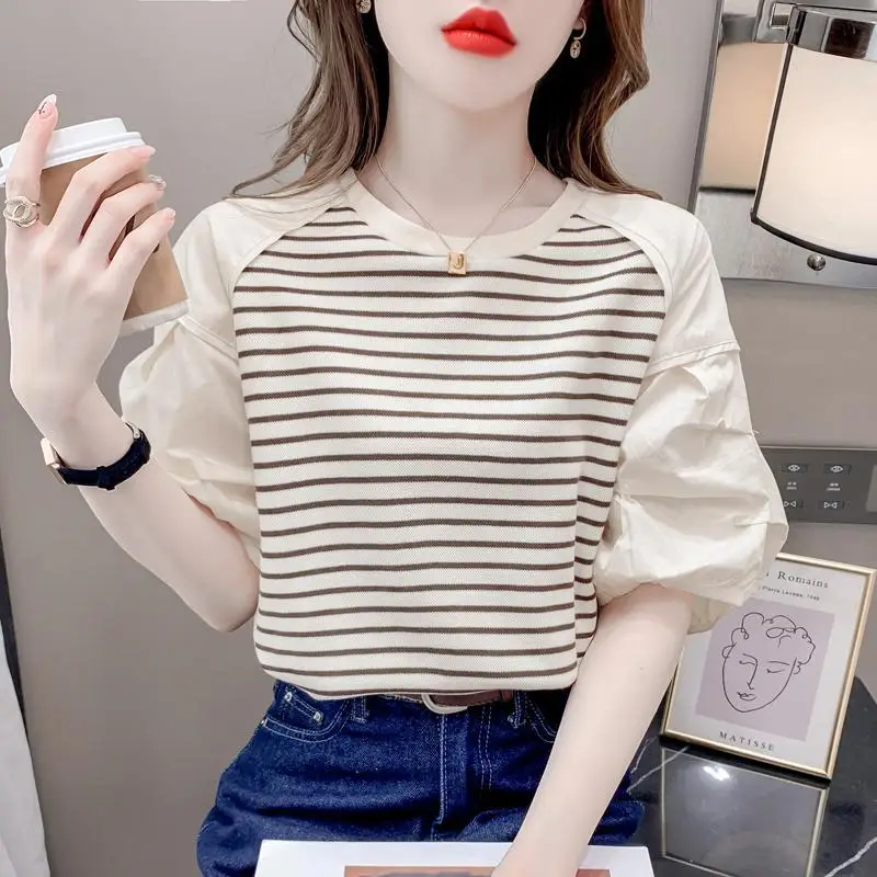 Summer Fashion Puff Sleeve Stripe T-shirt Women 2024 New Design Sense Round Neck Short Sleeve Corset Office Lady Casual Tops