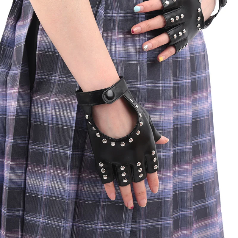 Black Gothic Rivets Fingerless Gloves Semi-Fingers Breathable Driving Men Women Pu Leather Punk Gloves Halloween Dance Gloves